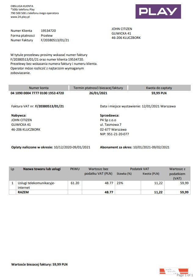 Poland Play utility bill template in Word and PDF format